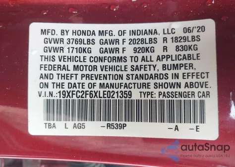 2020 Honda Civic Lx z USA, uszkodzony, nr VIN 19XFC2F6XLE021359